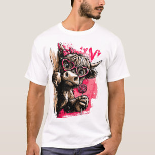 Cute Highland Cow with Heart Glasses and Lollipop T-Shirt