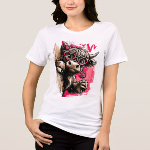 Cute Highland Cow with Heart Glasses and Lollipop Tri-Blend Shirt