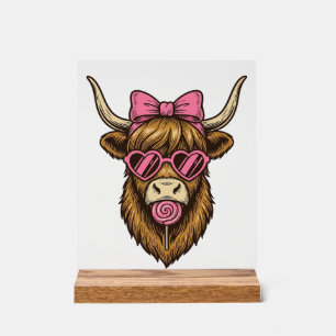 Cute Highland Cow with Pink Heart Glasses Vector_1 Acrylic Sign