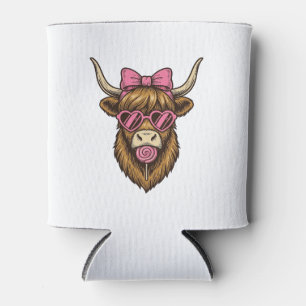 Cute Highland Cow with Pink Heart Glasses Vector_1 Can Cooler