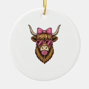 Cute Highland Cow with Pink Heart Glasses Vector_1 Ceramic Tree Decoration