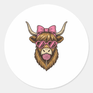 Cute Highland Cow with Pink Heart Glasses Vector_1 Classic Round Sticker