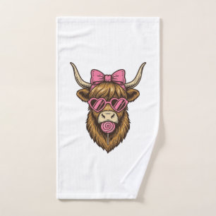 Cute Highland Cow with Pink Heart Glasses Vector_1 Hand Towel