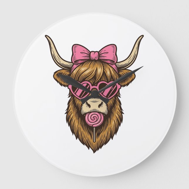 Cute Highland Cow with Pink Heart Glasses Vector_1 Large Clock (Front)