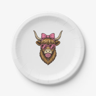 Cute Highland Cow with Pink Heart Glasses Vector_1 Paper Plate