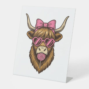 Cute Highland Cow with Pink Heart Glasses Vector_1 Pedestal Sign
