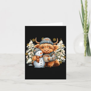 Cute Highland Cow With Snowman Hot Cocoa Christmas Card