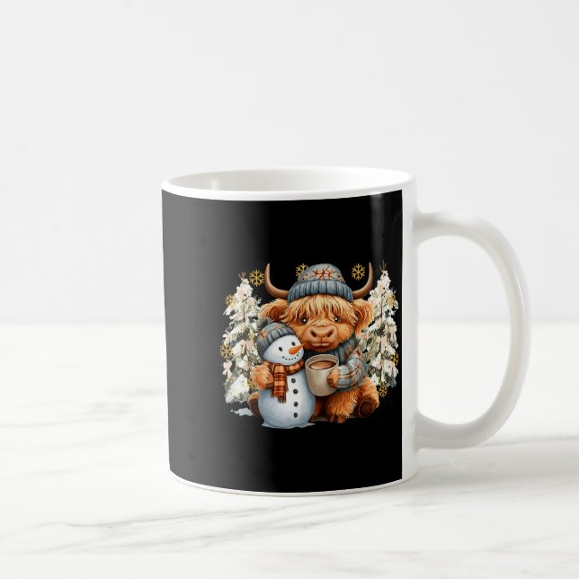 Cute Highland Cow With Snowman Hot Cocoa Christmas Coffee Mug (Right)