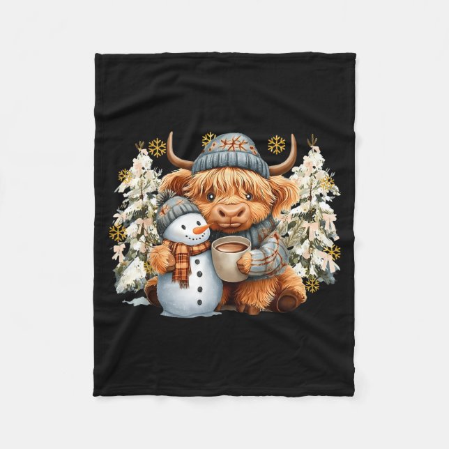 Cute Highland Cow With Snowman Hot Cocoa Christmas Fleece Blanket (Front)