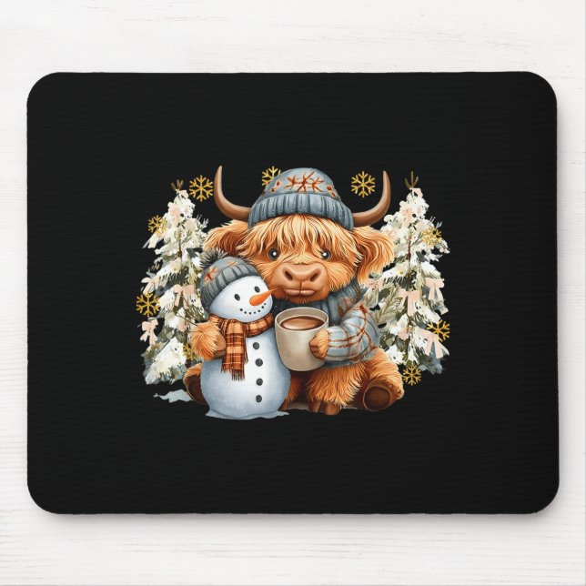 Cute Highland Cow With Snowman Hot Cocoa Christmas Mouse Pad (Front)