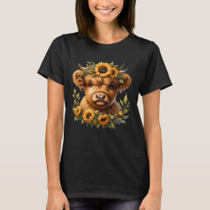 Cute Highland Cow With Sunflower Calf Animal T-Shirt