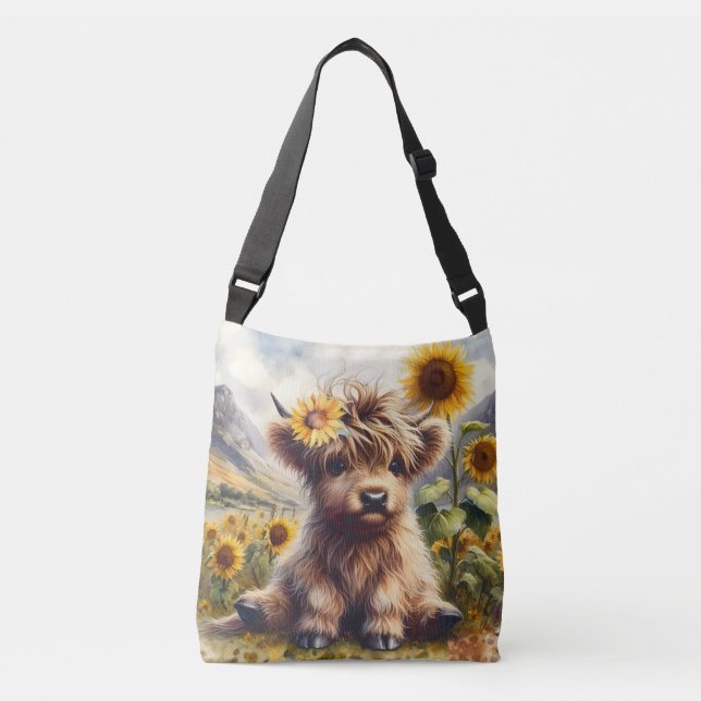 Cute Highland Cow With Sunflowers Crossbody Bag (Front)