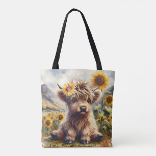 Cute Highland Cow With Sunflowers Tote Bag