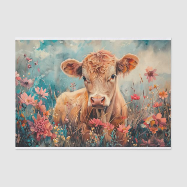 Cute Highland Cow with Wildflowers for Decoupage Tissue Paper (Front)