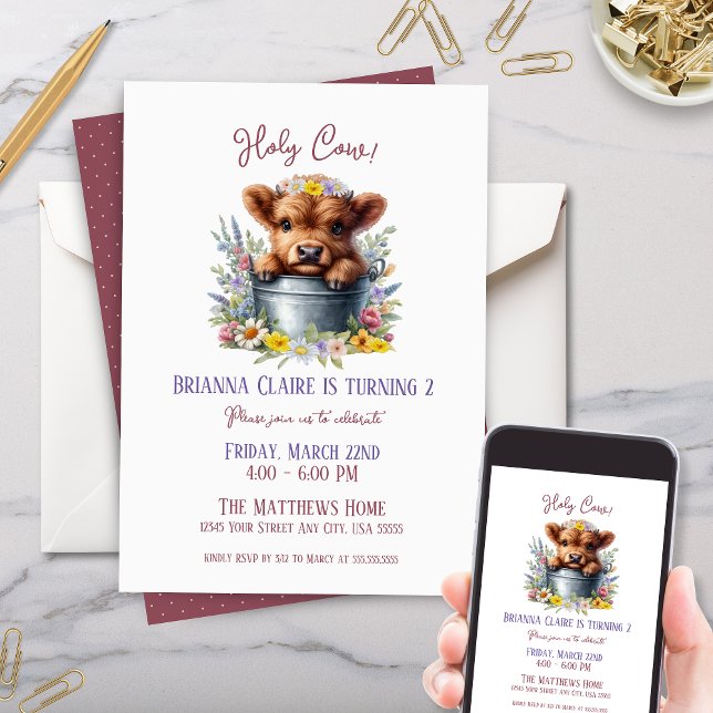 Cute Highland Cow with Wildflowers Kids Birthday Invitation (Cute wildflower highland cow theme kids baby birthday party invitation for country floral party)
