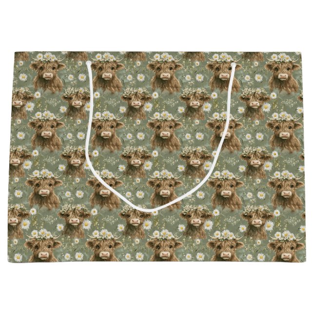 Cute Highland Cows and Flowers Large Gift Bag (Front)