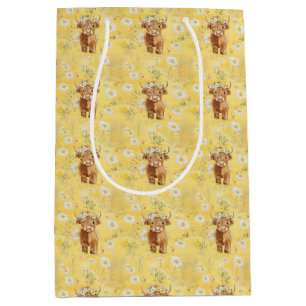 Cute Highland Cows and Flowers Medium Gift Bag