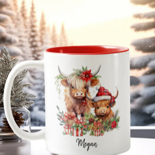 Cute Highland Cows Calf Christmas Santa Hat Two-Tone Coffee Mug