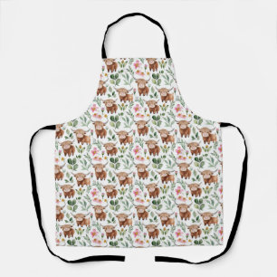 Cute Highland Cows & Pink Flowers Pattern Floral Apron