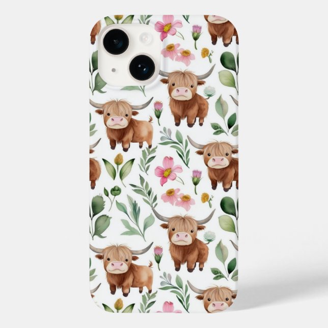 Cute Highland Cows & Pink Flowers Pattern Floral Case-Mate iPhone Case (Back)