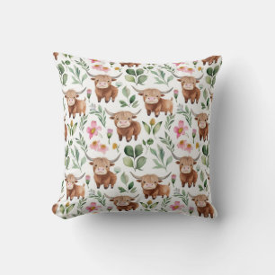 Cute Highland Cows & Pink Flowers Pattern Floral Cushion