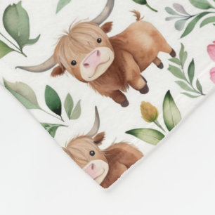 Cute Highland Cows & Pink Flowers Pattern Floral Fleece Blanket