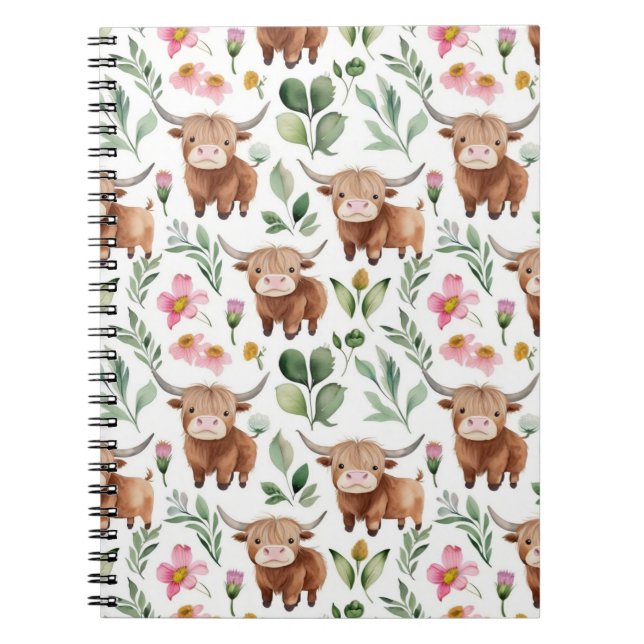 Cute Highland Cows & Pink Flowers Pattern Floral Notebook (Front)