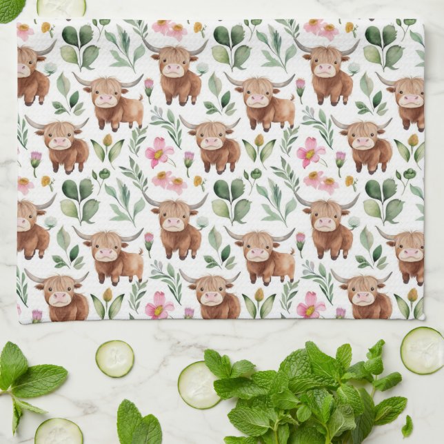Cute Highland Cows & Pink Flowers Pattern Floral Tea Towel (Folded)