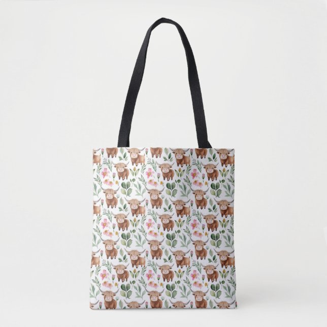 Cute Highland Cows & Pink Flowers Pattern Floral Tote Bag (Front)