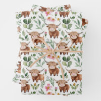 Cute Highland Cows & Pink Flowers Pattern Floral