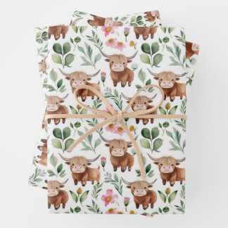 Cute Highland Cows & Pink Flowers Pattern Floral Wrapping Paper Sheet