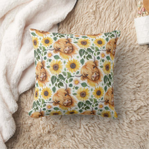 Cute Highland Cows & Yellow Sunflower Flowers Cushion