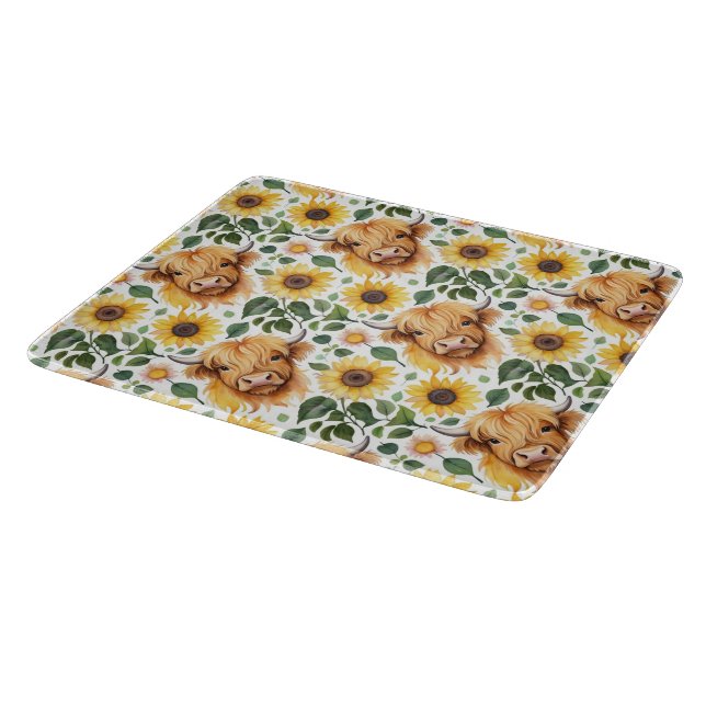 Cute Highland Cows & Yellow Sunflower Flowers Cutting Board (Corner)