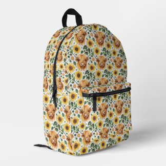 Cute Highland Cows & Yellow Sunflower Flowers Printed Backpack