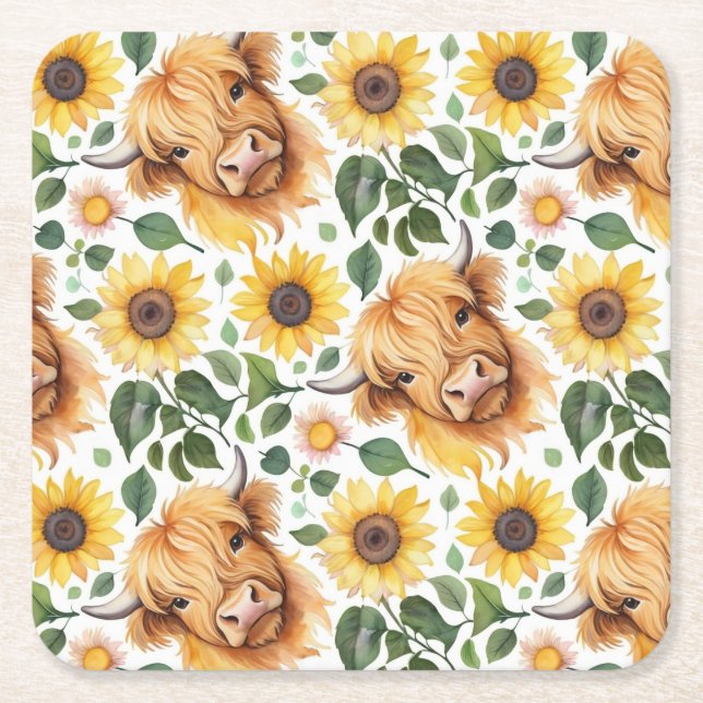 Cute Highland Cows & Yellow Sunflower Flowers Square Paper Coaster (Front)