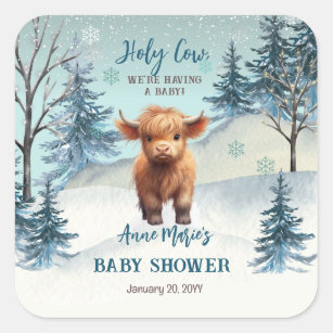 Cute Highland Holy Cow Winter Baby Shower Square Sticker
