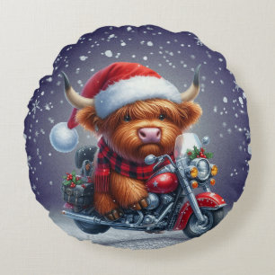 Cute Highland motor Christmas Cow  Round Cushion
