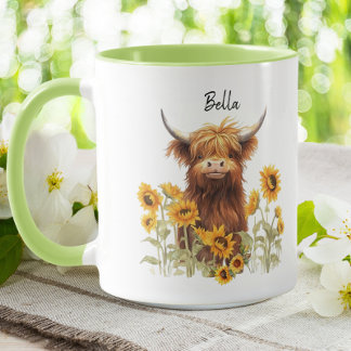 Cute Highland Scottish Cow Sunflowers Floral  Mug