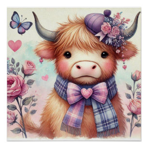 Cute Highlands cow vintage watercolor floral  Poster