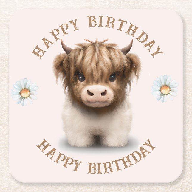 Cute Highlands Scottish Cow Square Paper Coaster (Front)