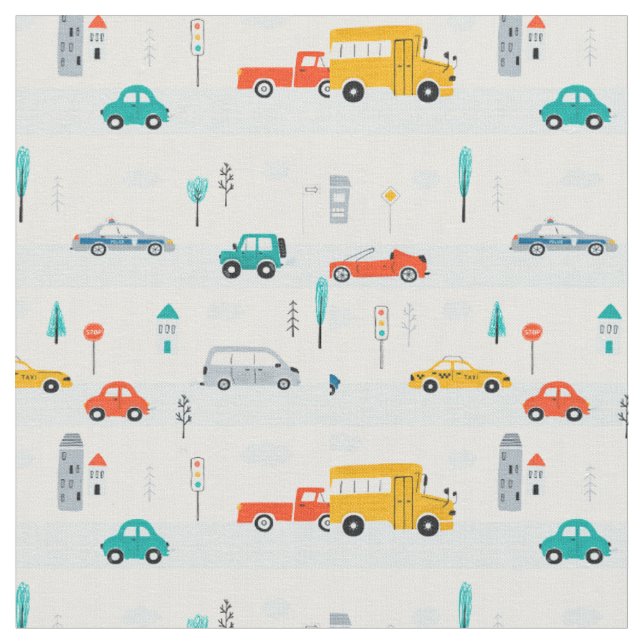 Cute Highway Vehicle Pattern Fabric (Close Up)