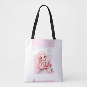 Cute Hijabi Girl Tote Bag   Pink Aesthetic Canvas 