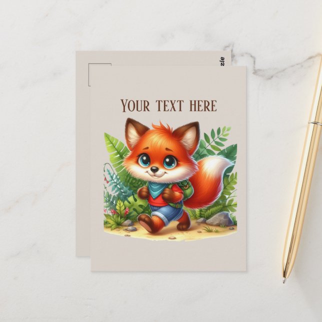 Cute hiking fox lovers customisable  postcard (Front/Back In Situ)