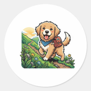 Cute Hiking Golden Retriever Puppy Adventure Classic Round Sticker