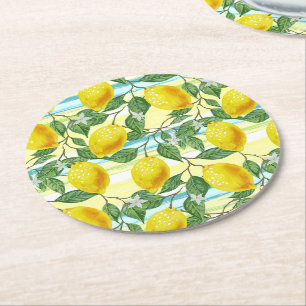 Cute Hip Tropical Summer Lemon Fruit Pattern Round Paper Coaster