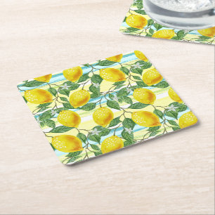 Cute Hip Tropical Summer Lemon Fruit Pattern Square Paper Coaster