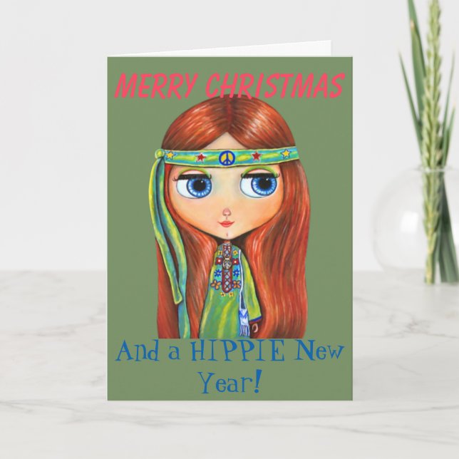 Cute Hippie Chick in Green Peace Sign Christmas Holiday Card (Front)