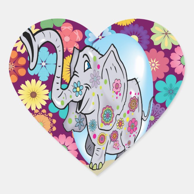 Cute Hippie Elephant with Colourful Flowers Heart Sticker (Front)