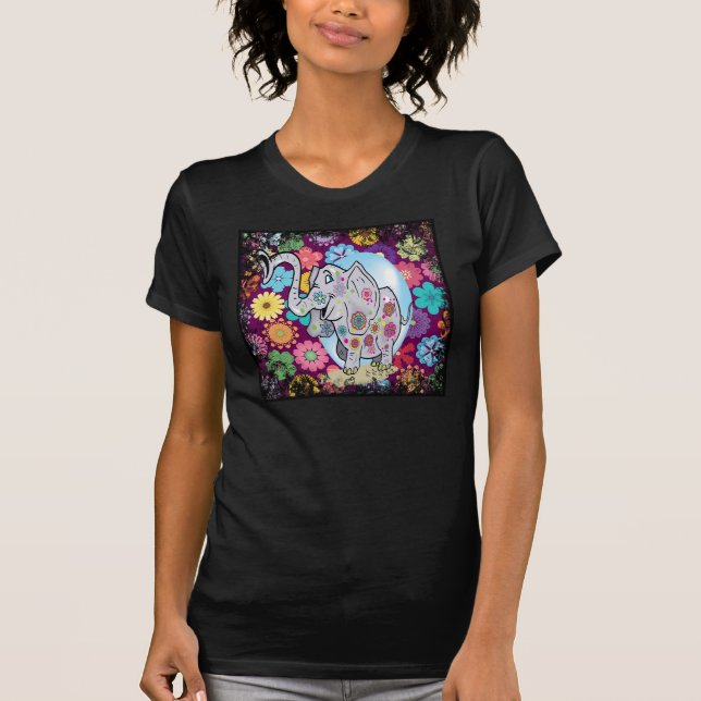 Cute Hippie Elephant with Colourful Flowers T-Shirt (Front)