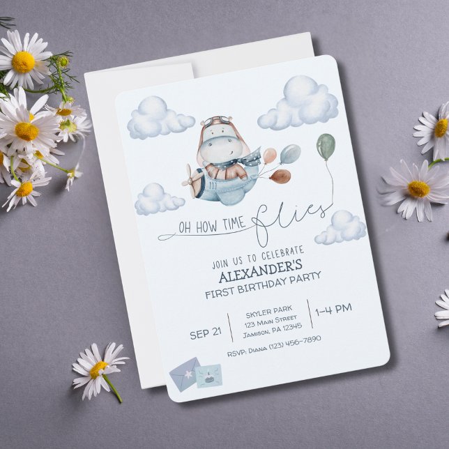 Cute Hippo,Aeroplane & Clouds,Blue First Birthday Invitation (Creator Uploaded)